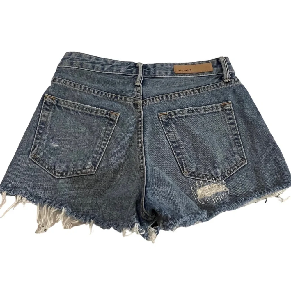 GRLFRND Cindy Fray Side Slit Button Fly Jean Shorts Patchwork High Rise Thrashed